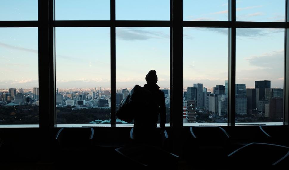 Professional standing at office window contemplating an unexpected role change
